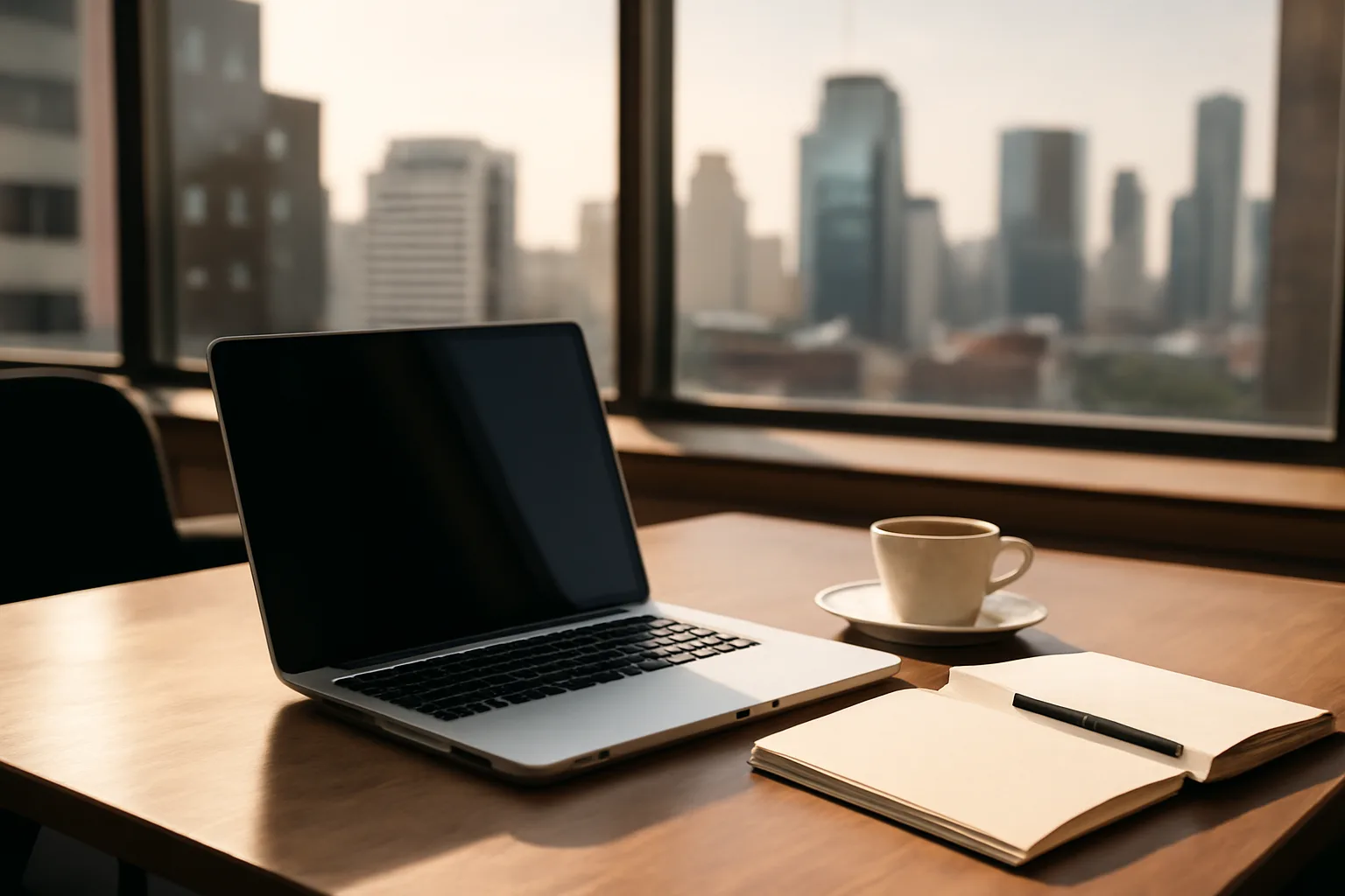A minimalist remote-work setup with a city skyline view.