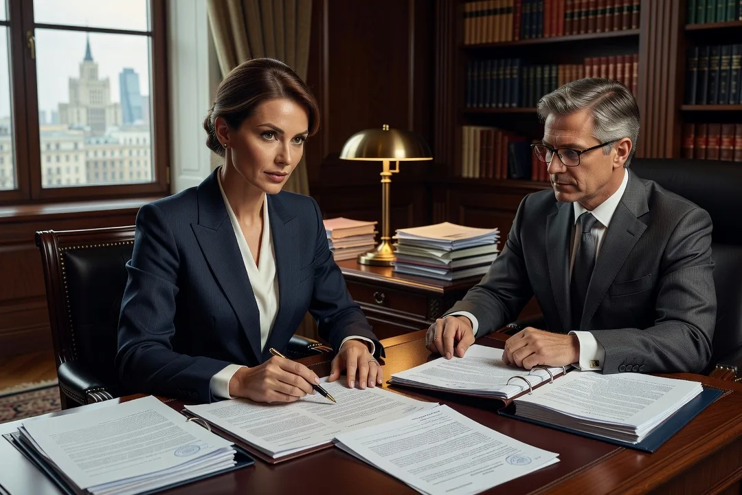Reviewing property division terms with a Russian notary before finalizing the contract.