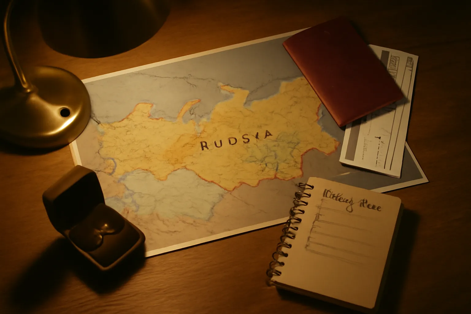 Travel documents, a map of Russia and a ring box on a desk