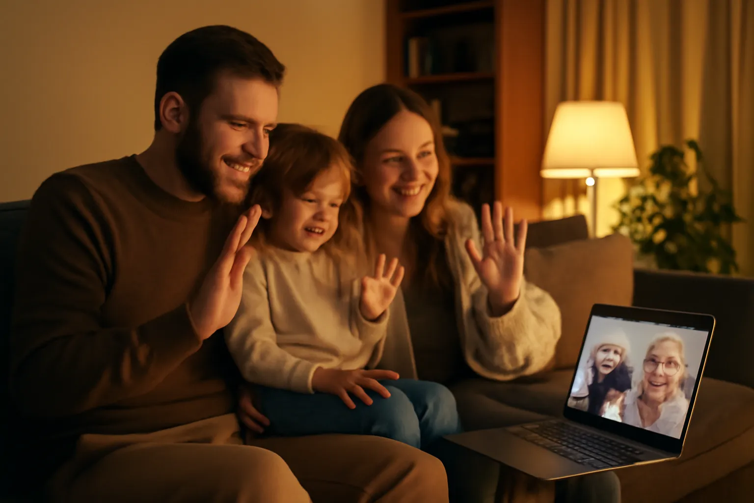 A family making a video call with grandparents on a laptop in a cozy living room