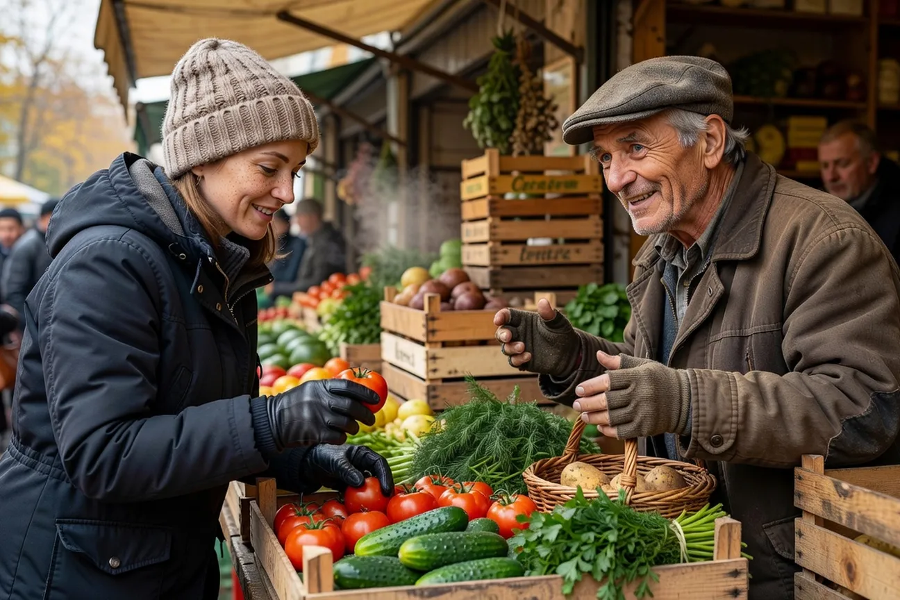 Mujer francesa comprando en un mercado local de Moscú, hablando con un vendedor