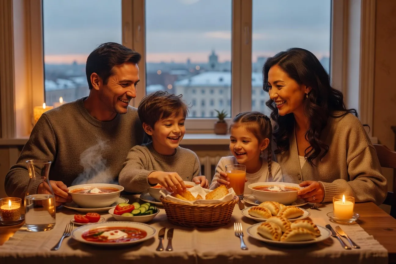 Familia mixta cenando junta en un apartamento de Moscú