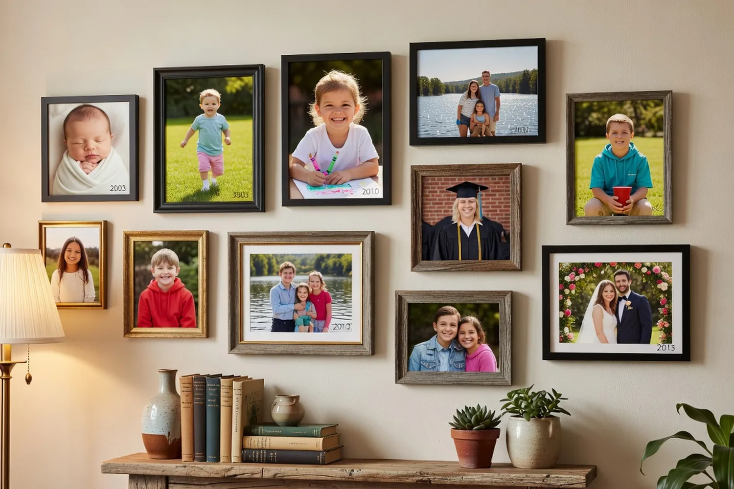 Family photo wall showing ten years of milestones