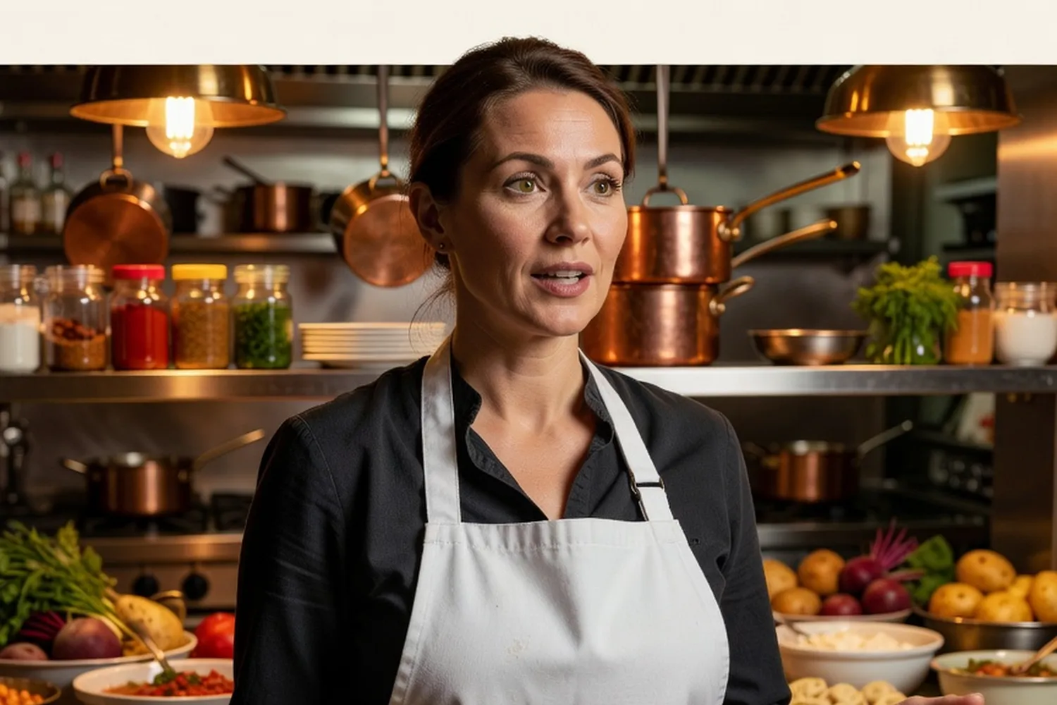 Chef portrait in a professional kitchen discussing Russian recipes