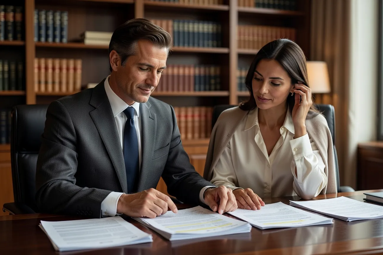 Consultation meeting between a lawyer and a foreign client reviewing paperwork