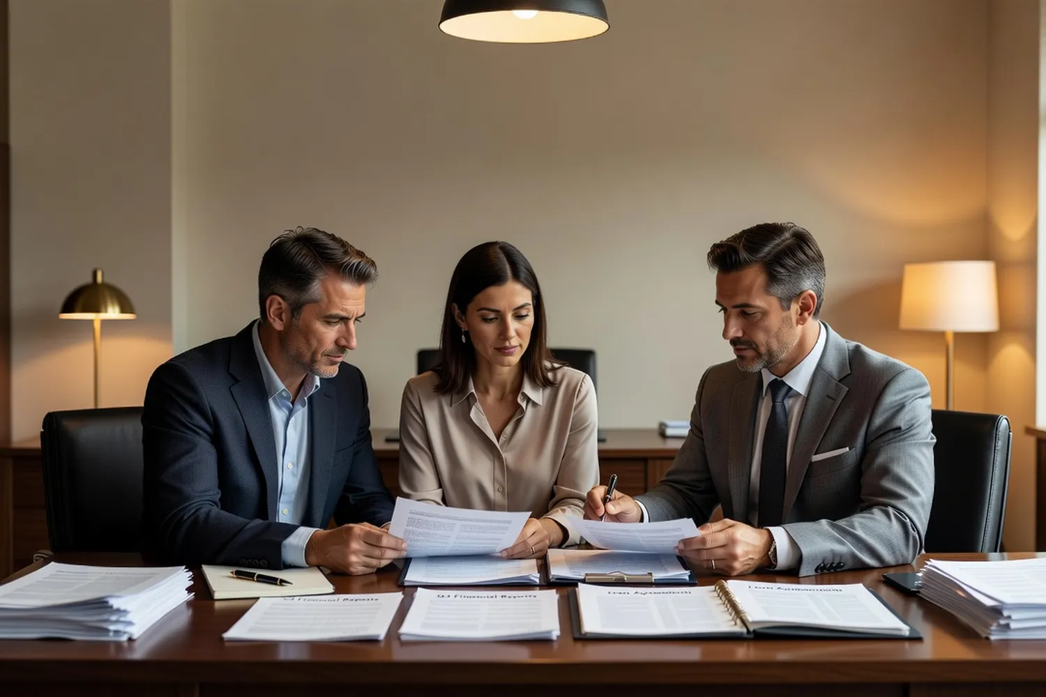 Couple reviewing financial documents with a notary in an office