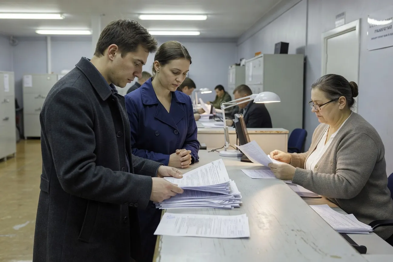 Couple at a government migration services office submitting paperwork