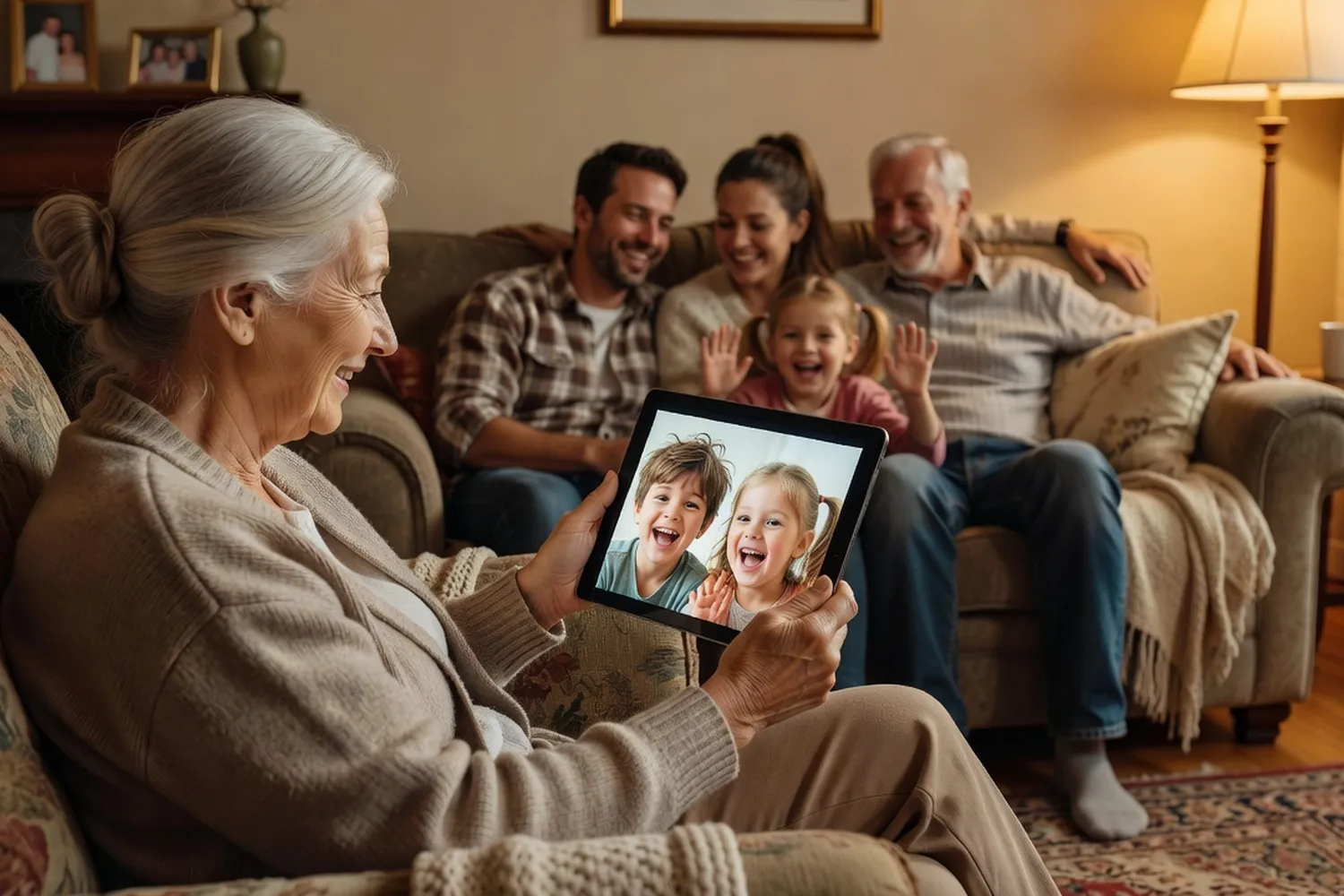 Grandmother video calling grandchildren speaking Russian together