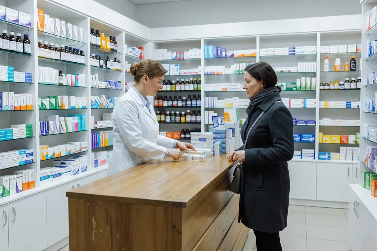 Intérieur d’une pharmacie en Russie avec un pharmacien assistant un client