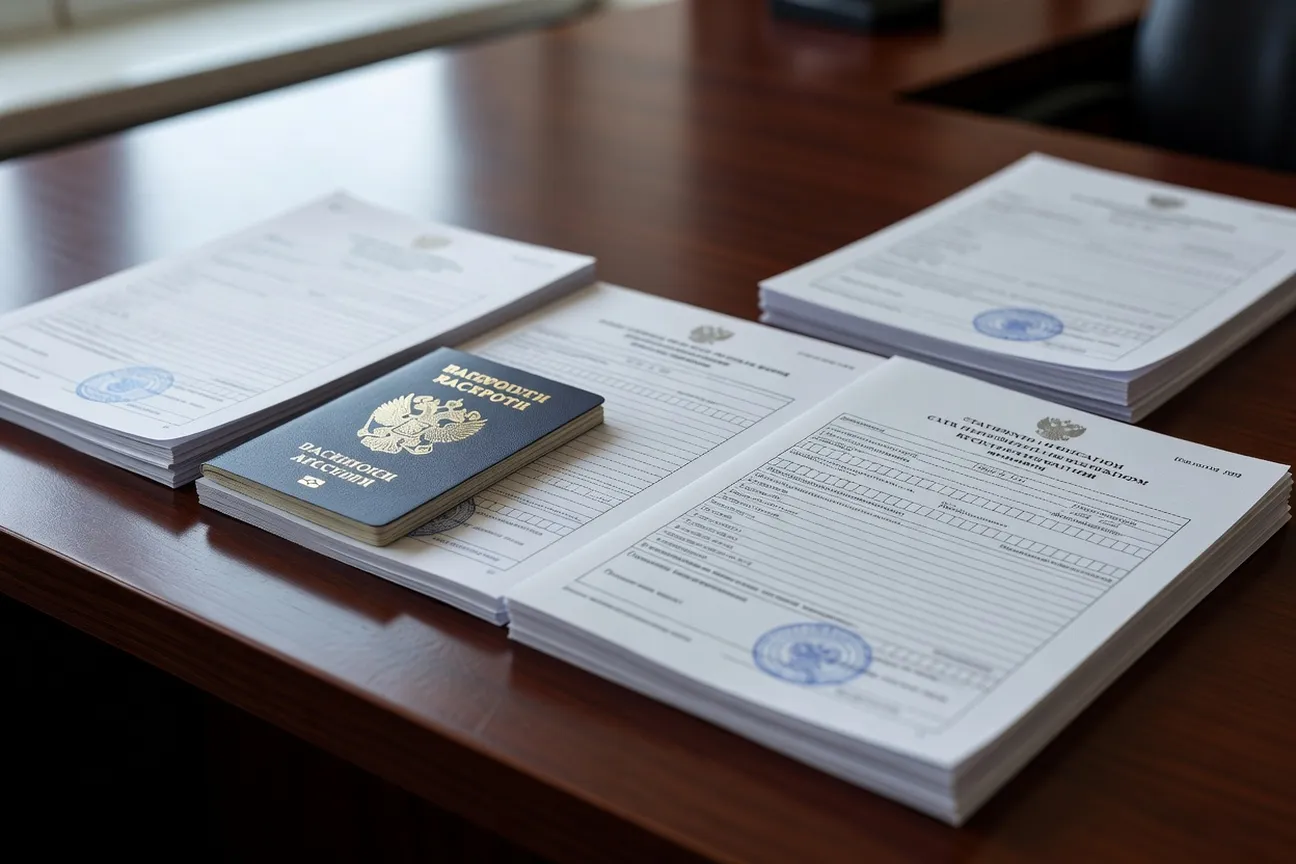 Cónyuge extranjero revisando documentos oficiales y un pasaporte en un escritorio
