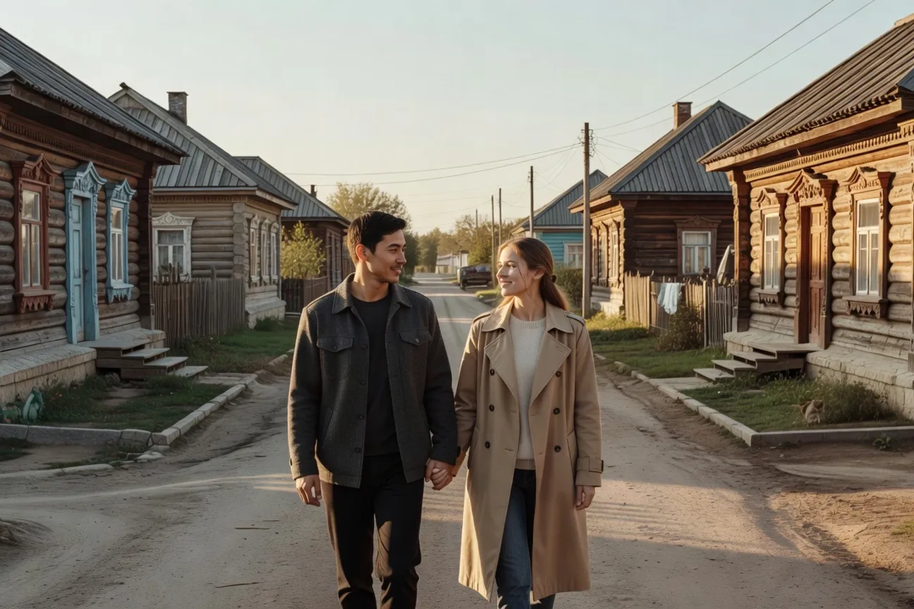 Pareja paseando por una tranquila calle residencial de una ciudad regional rusa