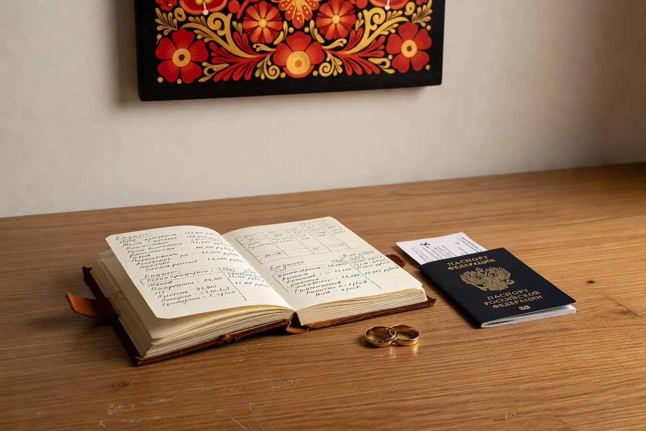 Budget planning notebook with wedding rings and passport, representing costs of marrying a Russian woman