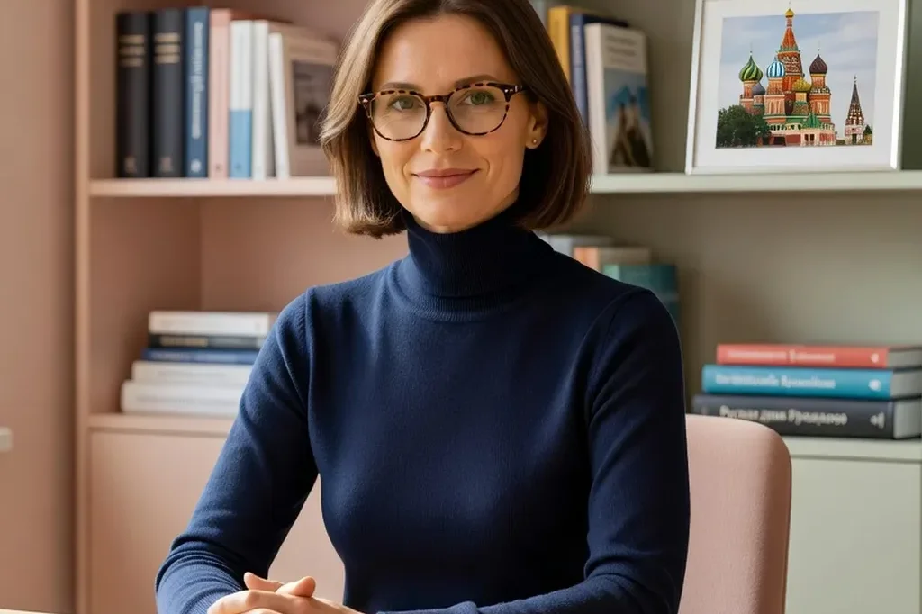 Olga Sokolova, intercultural coach, in her bright Berlin office wearing professional attire, books on Russian and German cultures visible behind her