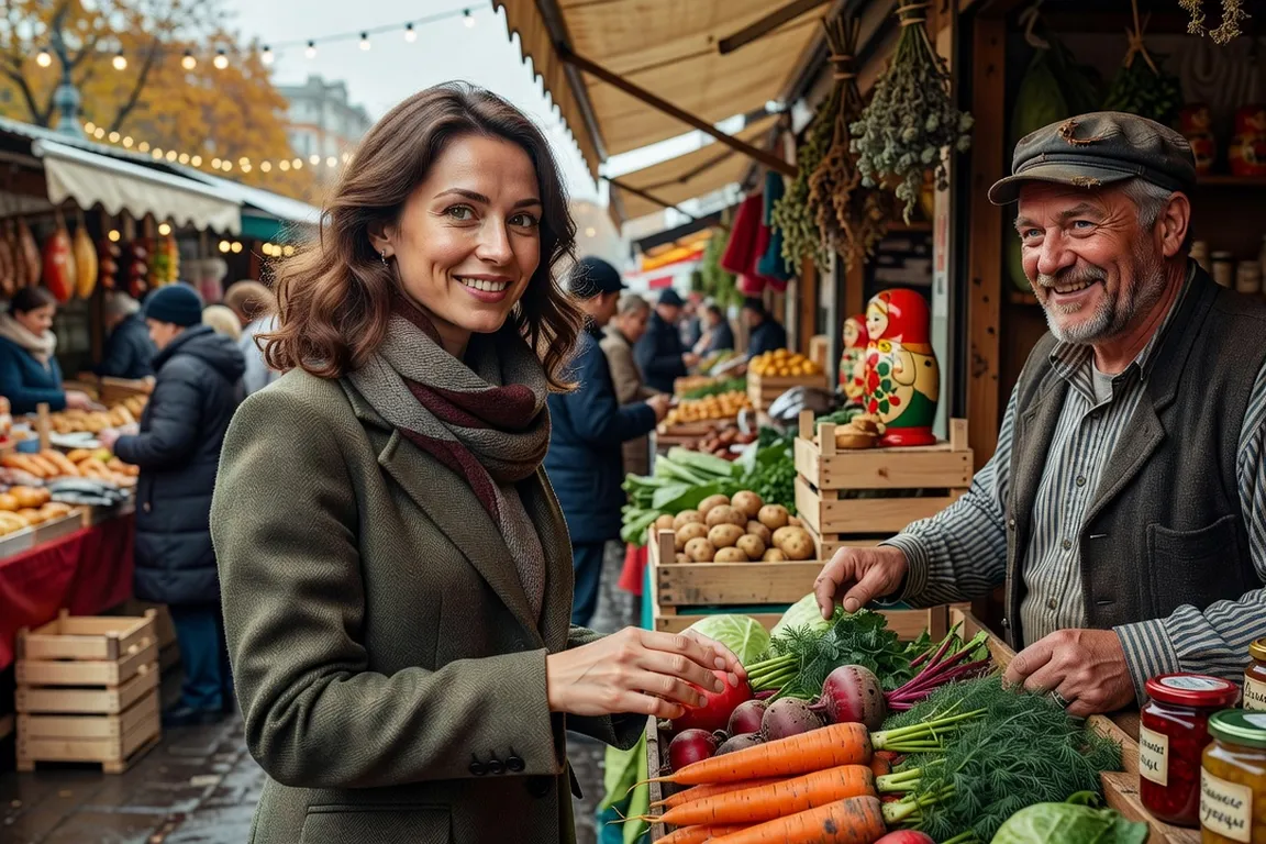 French woman shopping at a local market in Moscow, engaging with a vendor