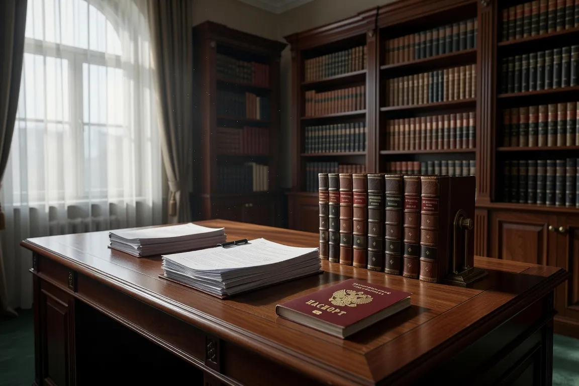 Lawyer's office with legal documents and a Russian passport on the desk