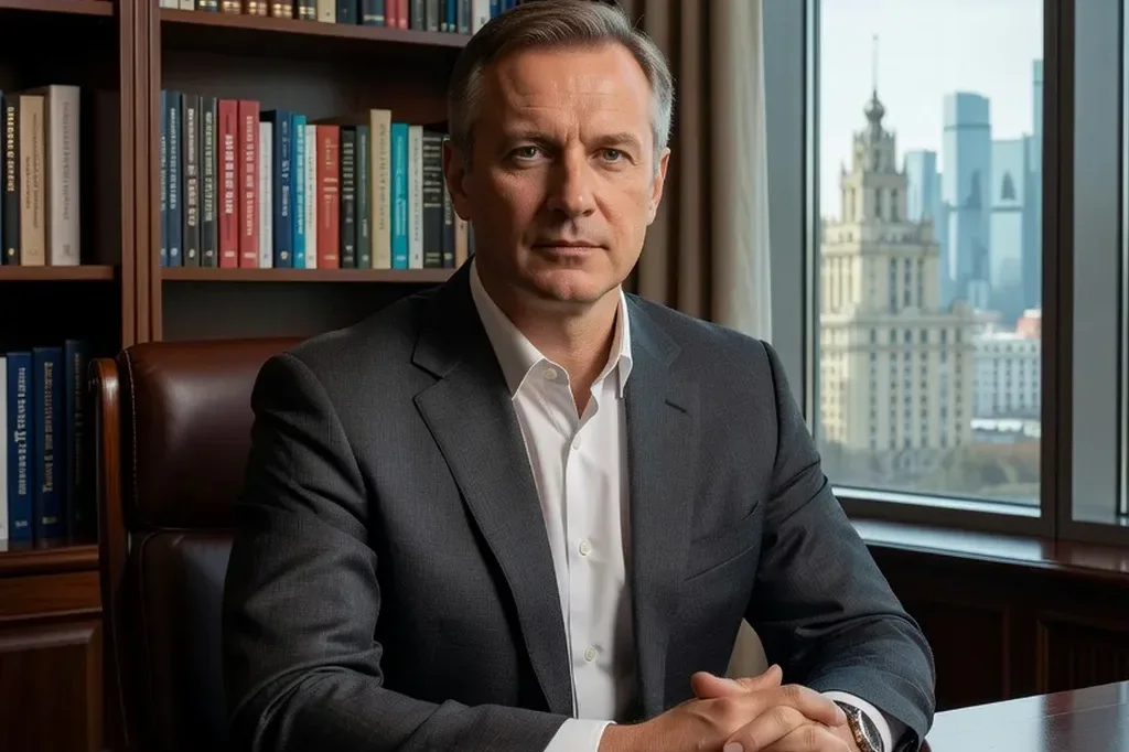Sergei Kuznetsov, Russian marriage agency director, in his Moscow office, professional attire, bookshelf and Moscow skyline visible behind him