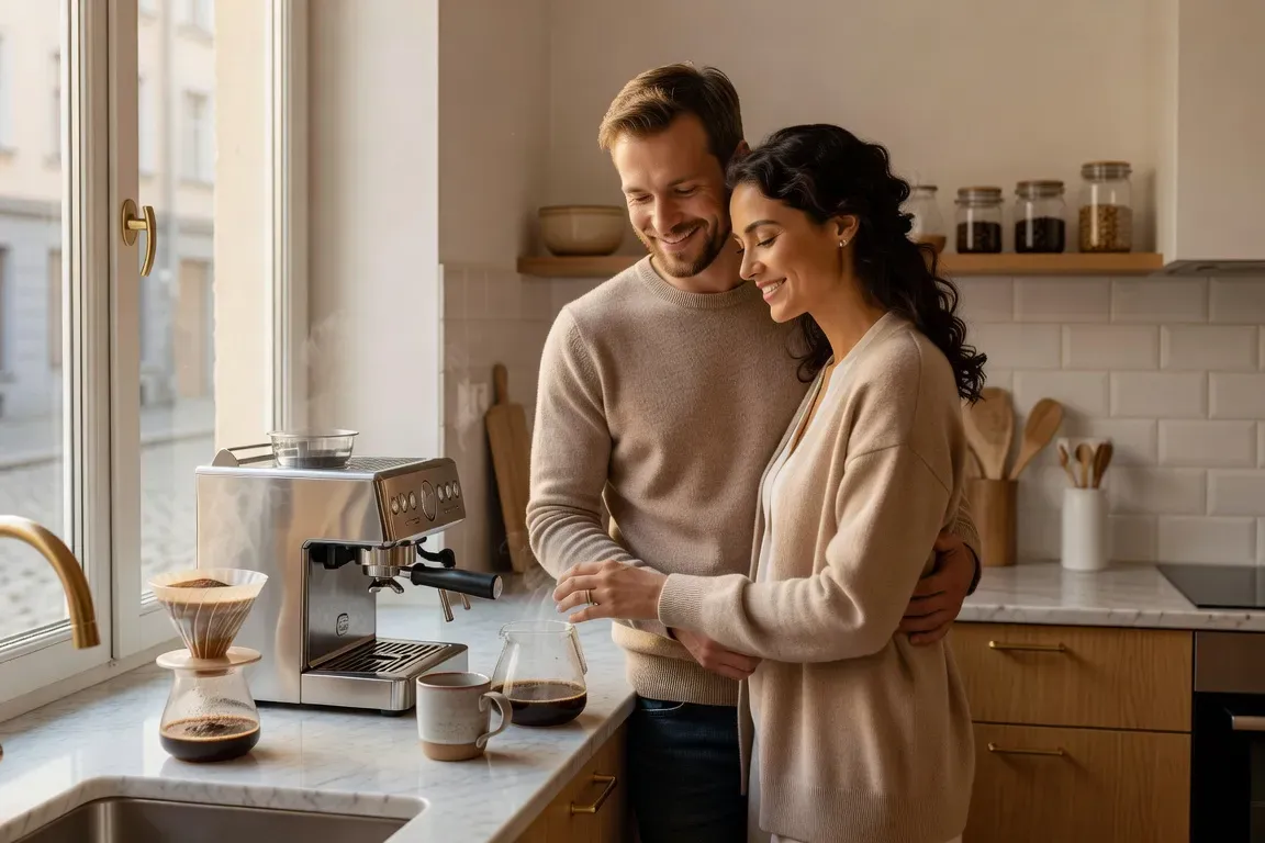 Western man and Russian woman sharing daily life in a European apartment 2026
