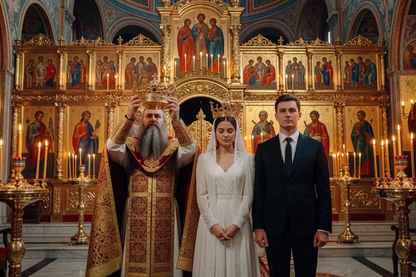 Orthodox wedding crowning ceremony inside a Russian church with a mixed couple