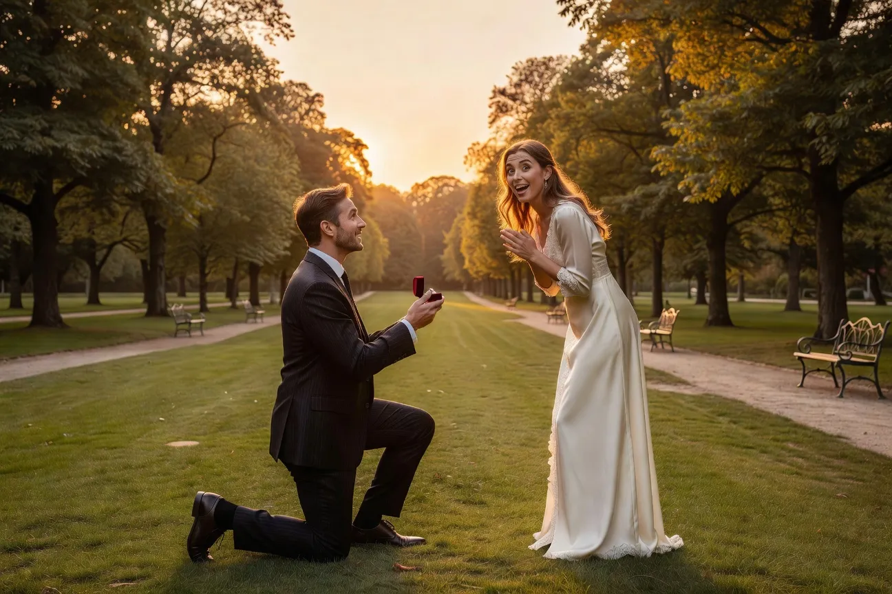 Man on one knee proposing to elegant woman in European park at golden hour