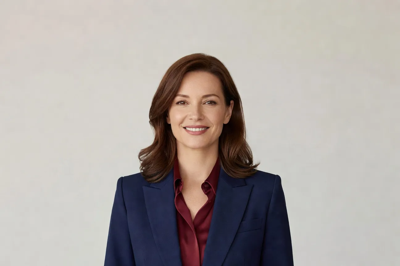 Elegant Russian woman in her 40s, confident portrait in professional setting