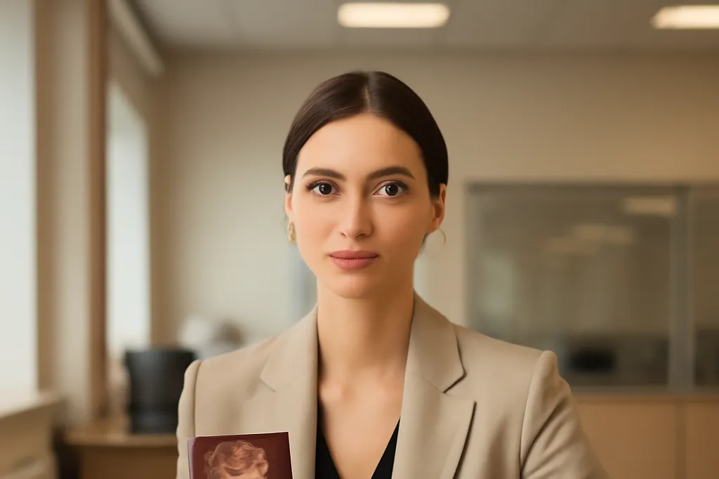 Una mujer elegante revisando documentos oficiales de ciudadanía rusa en una oficina administrativa luminosa