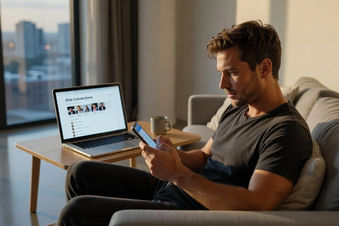Man browsing a dating app on smartphone with a laptop showing a Russian dating website