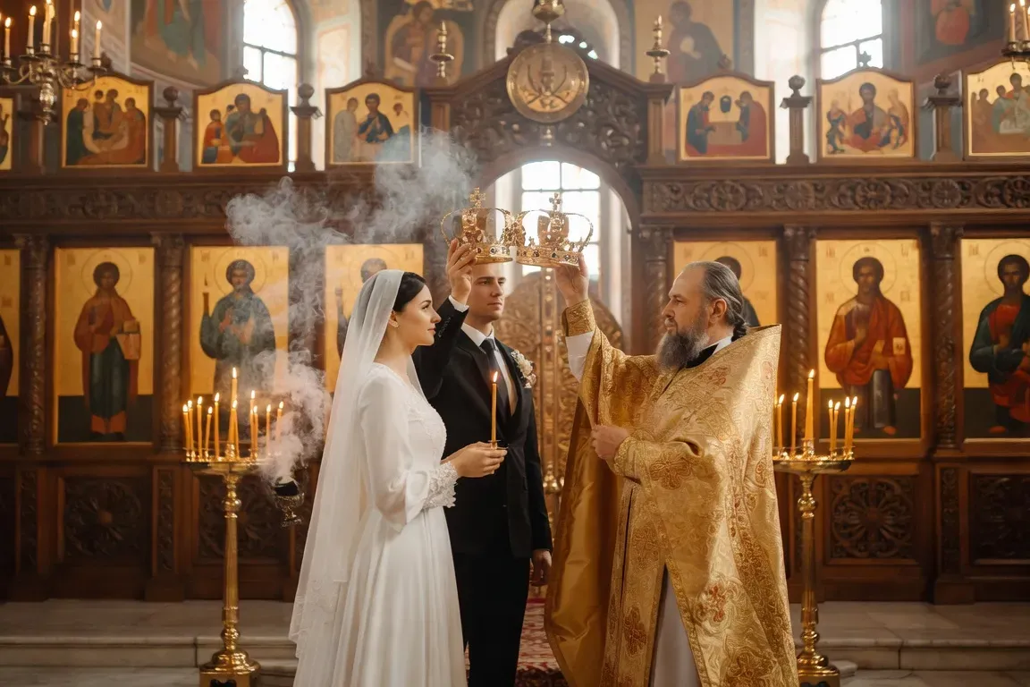 Orthodox Russian wedding ceremony with priest and golden crowns in Moscow 2026