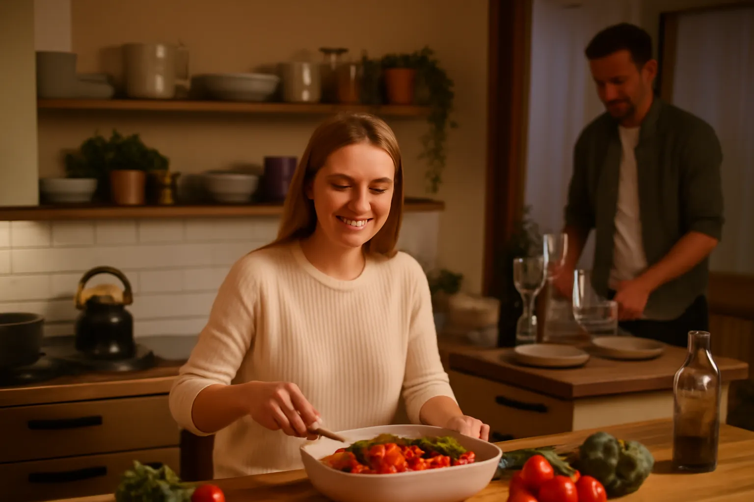 A Russian wife preparing dinner in a warm modern kitchen while her husband sets the table