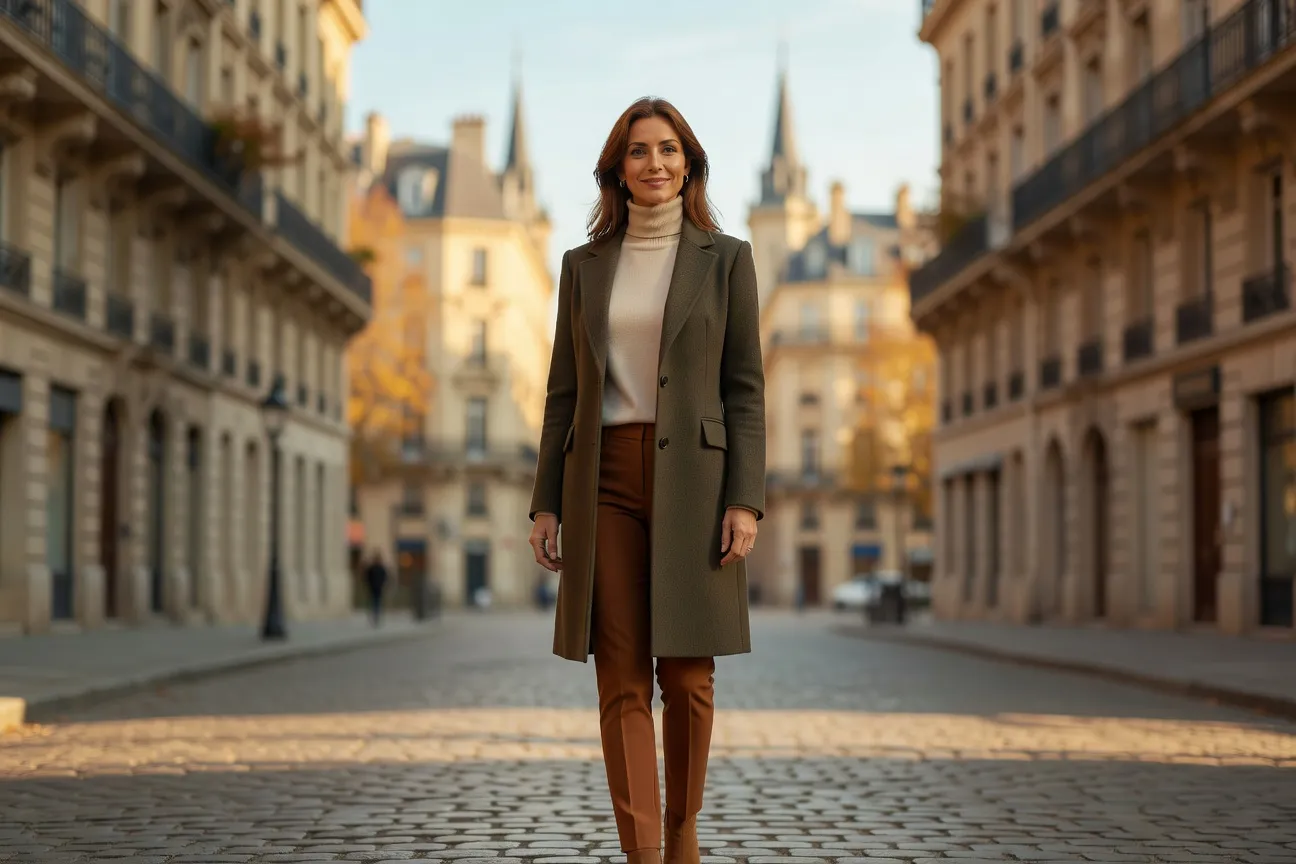 Elegant Russian woman in a European city setting with autumn light