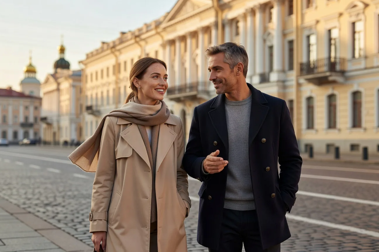 Femme russe et homme français marchant sur la Perspective Nevski à Saint-Pétersbourg 2026