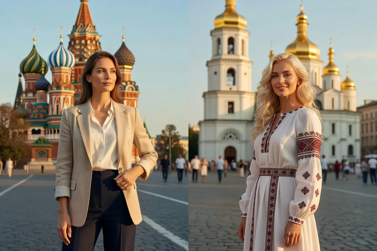 Femmes russe et ukrainienne côte à côte en tenue estivale traditionnelle Moscou Kyiv 2026
