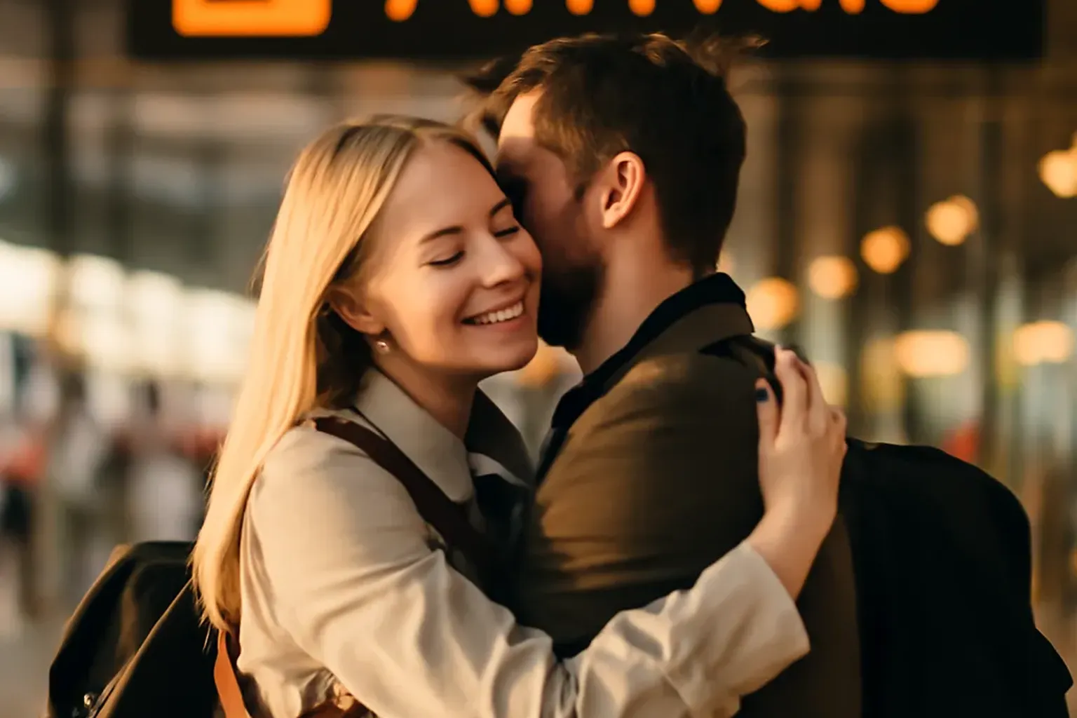 Western man and Russian bride embracing at airport reunion 2026