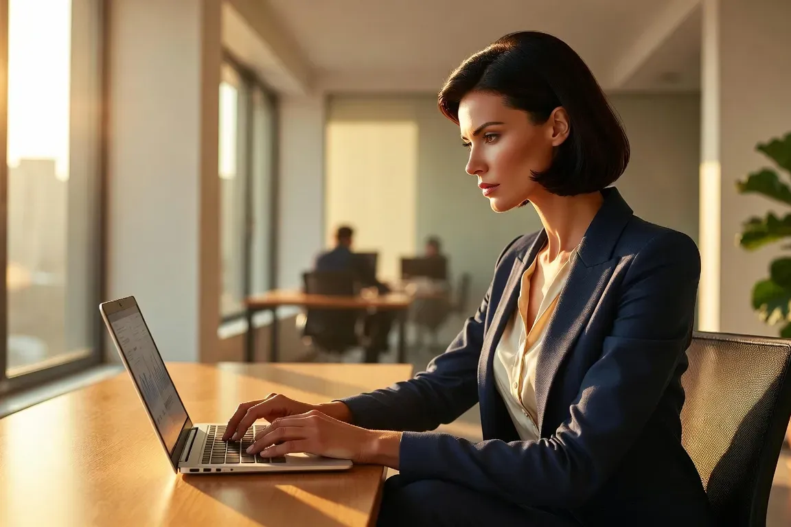 Confident Russian woman working at laptop in modern home office, entrepreneur