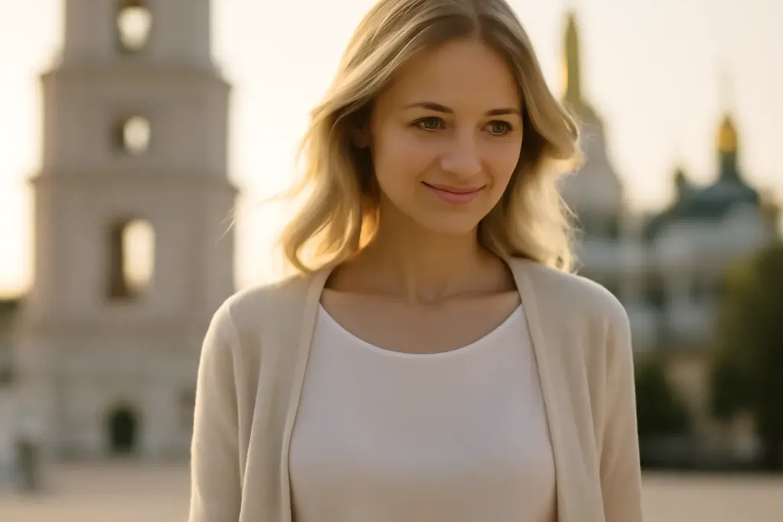 Ukrainian woman in Kyiv with St Sophia Cathedral background 2026