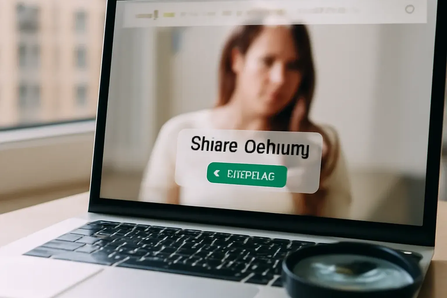 Laptop screen showing verified Russian bride profile with checkmark and magnifying glass 2026