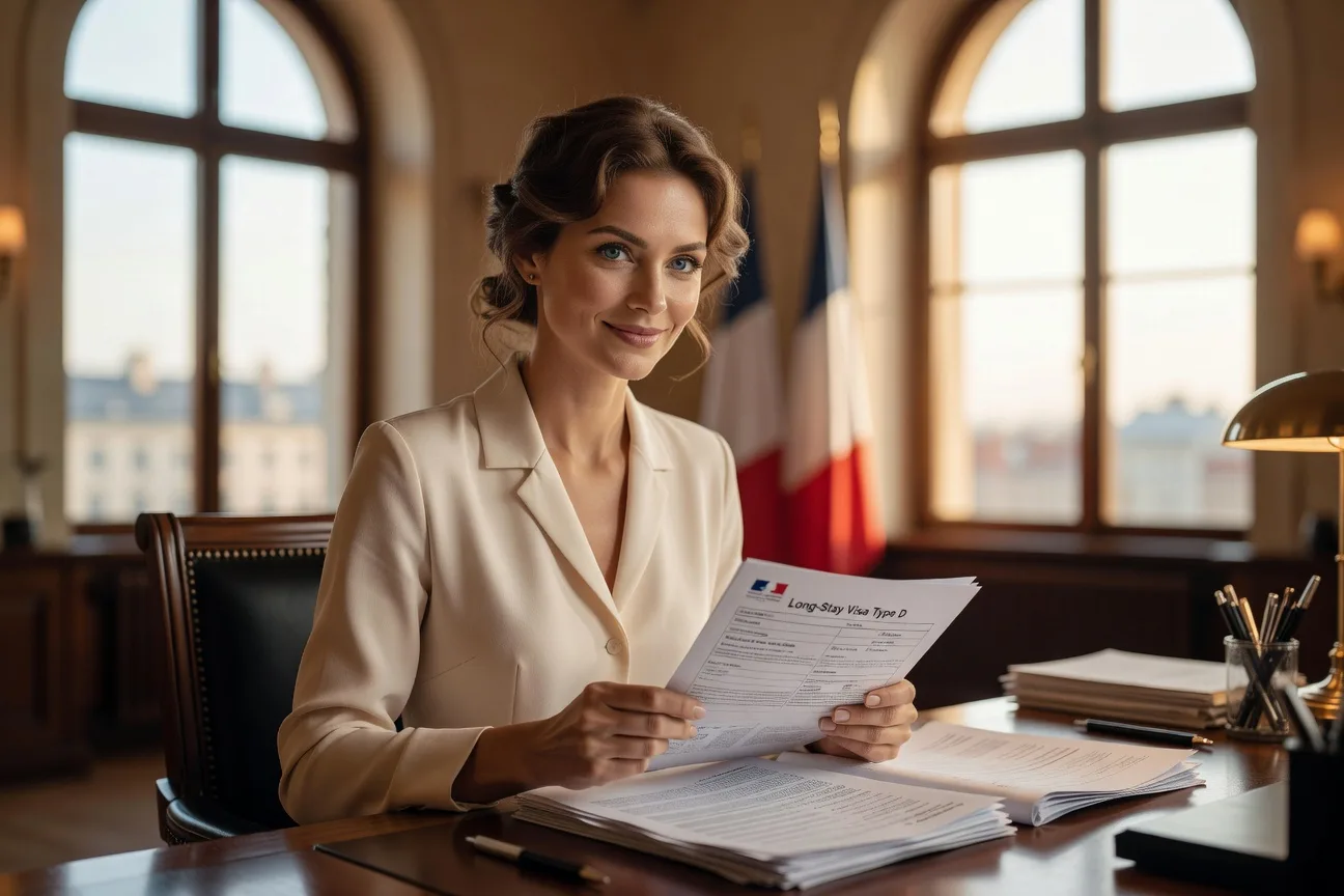 Dossier visa long séjour type D France avec passeport russe et drapeau français 2026